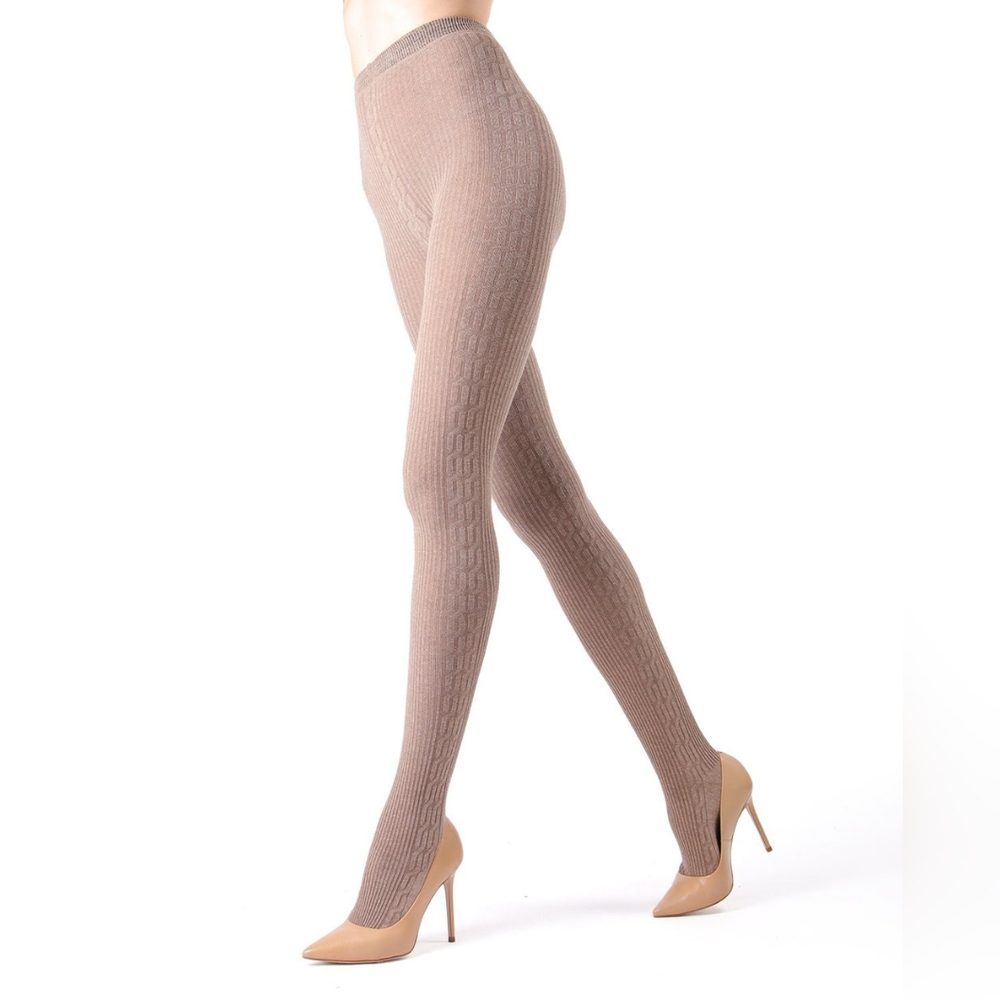MeMoi Portland side cable knit sweater tights in taupe